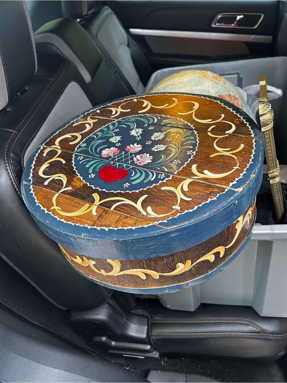 Hand-Painted Folk Art Round Wooden Box - Blue & Brown